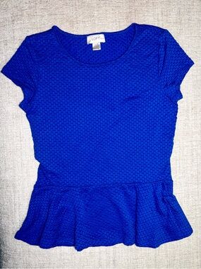 LOFT Petite Bright Blue Peplum Top SP Stretch Short Sleeve Blouse Small Preppy